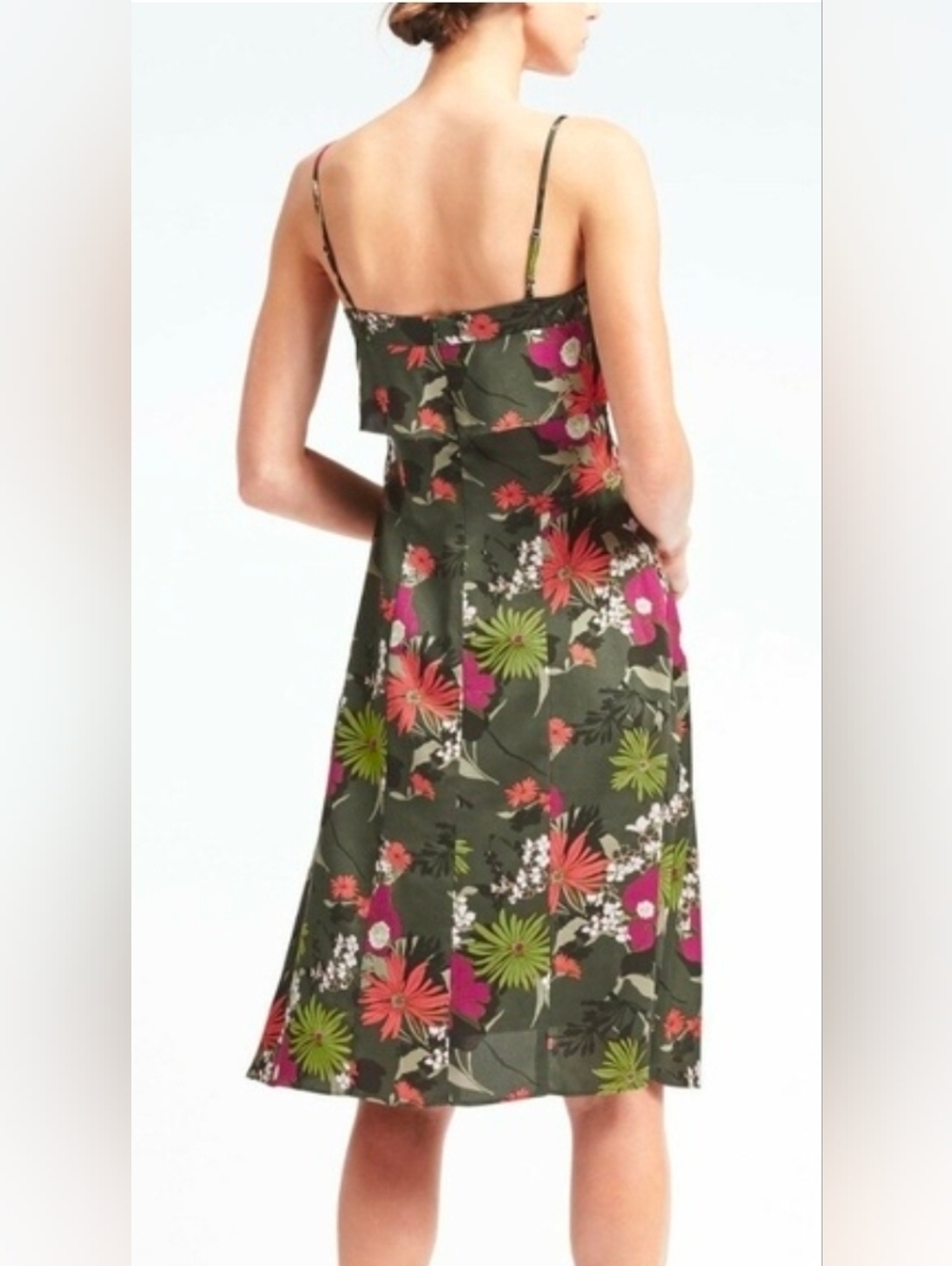 Banana Republic Olive Green Floral Spaghetti-Strap Dress - Size 14 - Picture 2 of 10